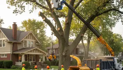Professional arborists performing safe tree removal with crane at Oak Park IL residential property