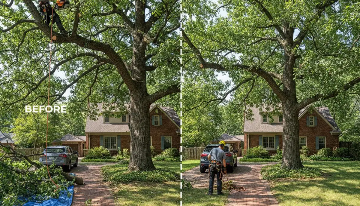Arborist trimming lower branches for canopy lift over Oak Park IL driveway, improving tree health and clearance