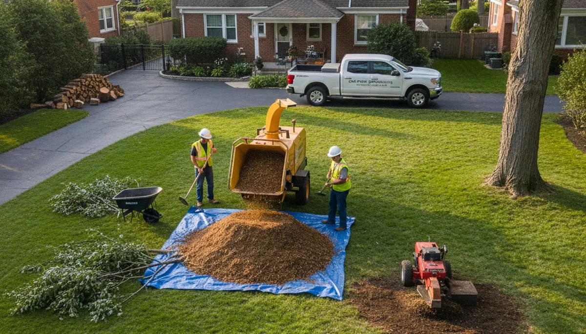 Completed tree removal and yard cleanup in Oak Park IL with stump grinding and mulch restoration