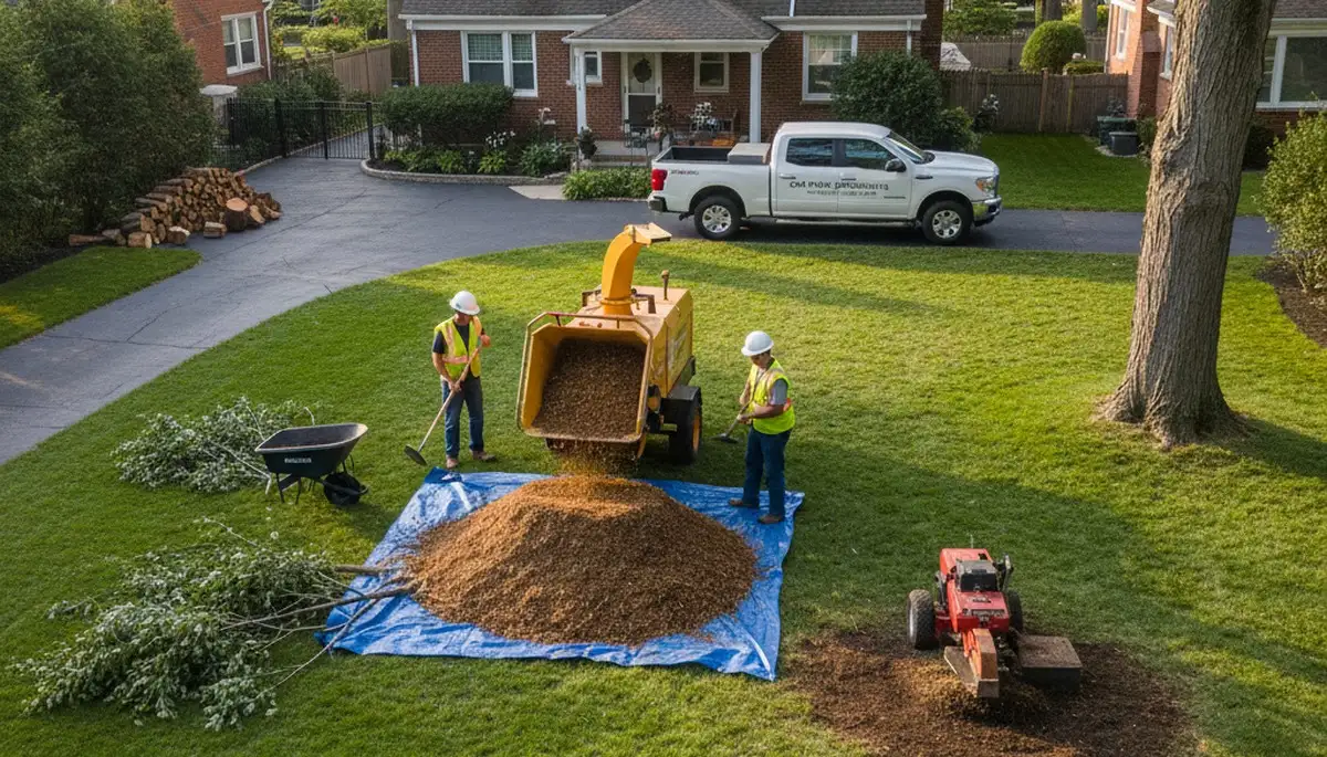 Completed tree removal and yard cleanup in Oak Park IL with stump grinding and mulch restoration