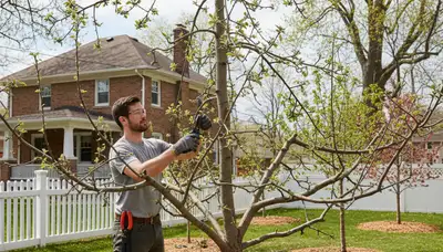 Arborist pruning fruit tree in Oak Park IL backyard orchard for healthy growth and better fruit yield