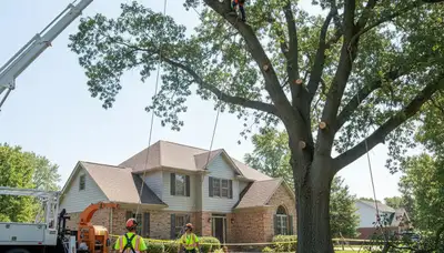 Arborists performing large tree removal with bucket truck and rigging in Oak Park, IL