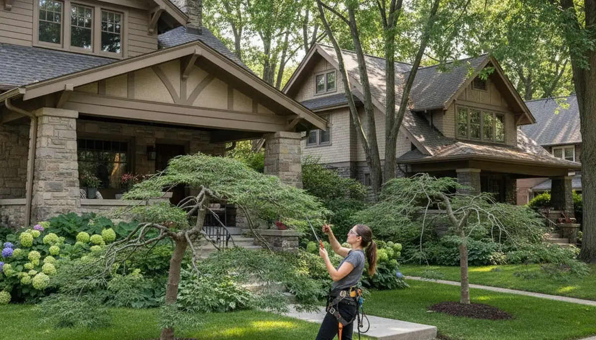 Arborist hand pruning ornamental Japanese maple tree for curb appeal in Oak Park, IL landscape