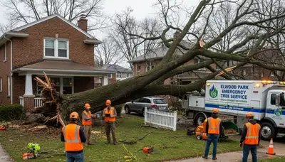 Emergency tree removal after storm damage in Elmwood Park, IL by Oak Park tree service crew