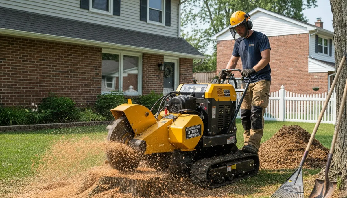 Professional stump grinding service removing tree stumps in Elmwood Park, IL for Oak Park tree care experts