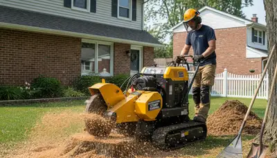 Professional stump grinding service removing tree stumps in Elmwood Park, IL for Oak Park tree care experts