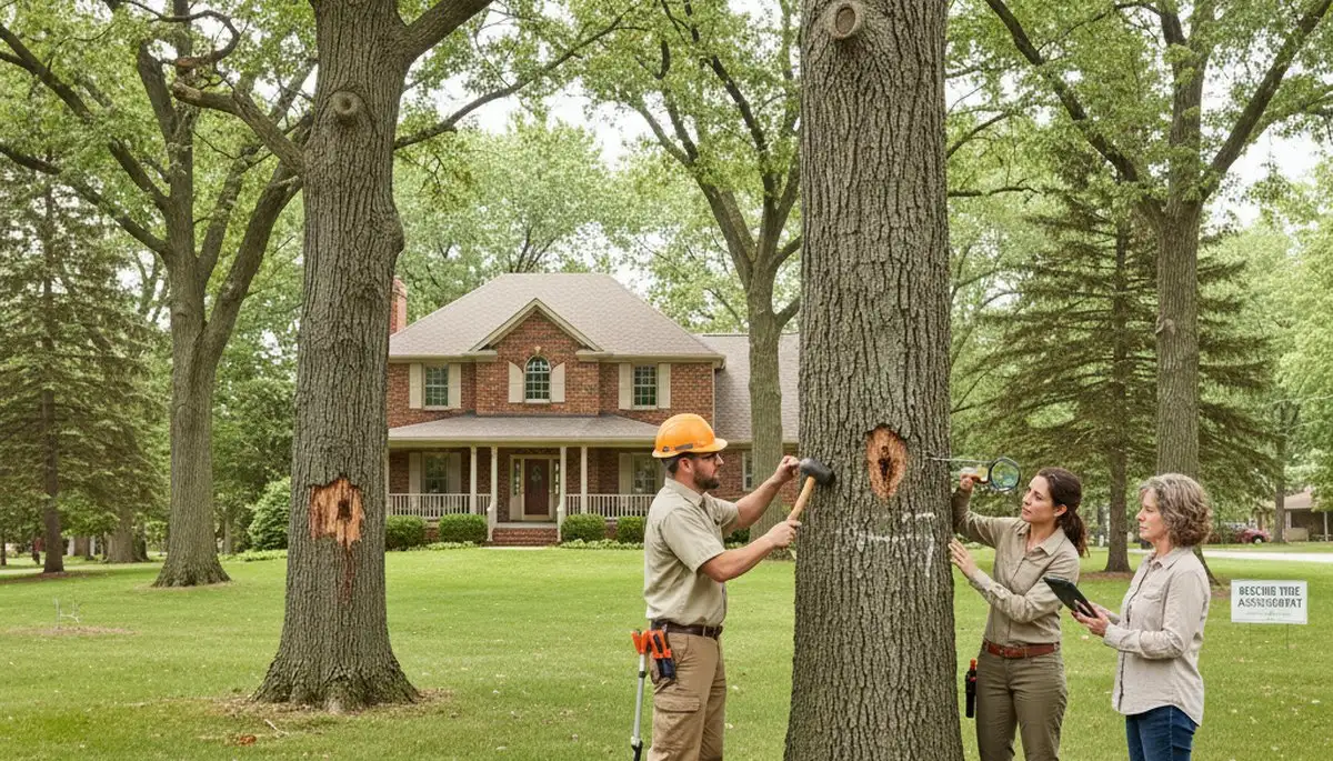 Certified arborist performing tree health assessment for oak care in Oak Park, IL