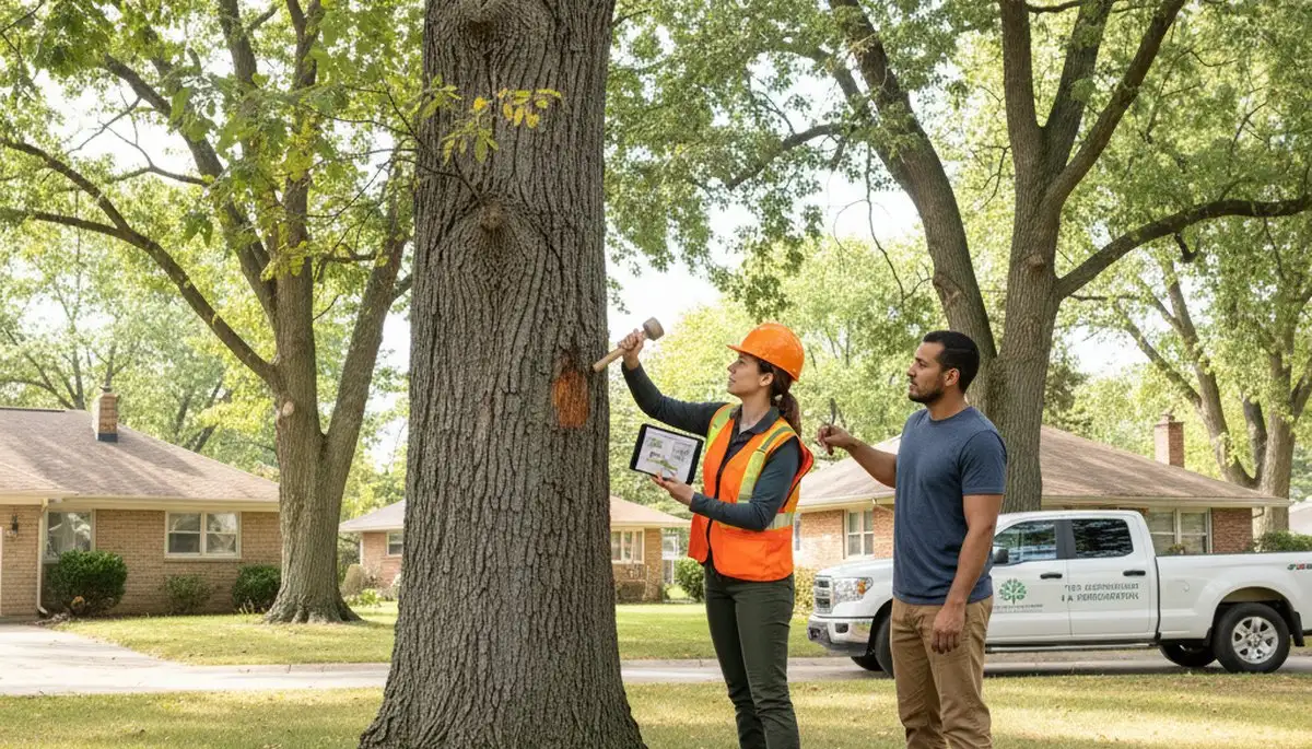Certified arborist performing tree health assessment for Elmwood Park, IL homeowners