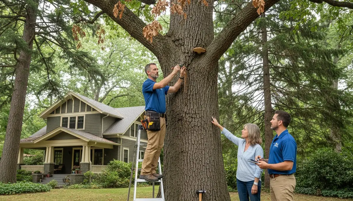 Certified arborist performing tree health assessment for homeowners in Forest Park, IL