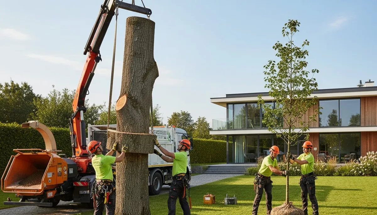 Arborist planting new tree in Oak Park, IL yard for Chop Chop Tree professional tree planting service
