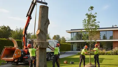 Arborist planting new tree in Oak Park, IL yard for Chop Chop Tree professional tree planting service