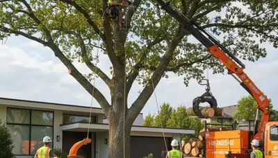 Professional tree removal service team working in Oak Park, IL yard