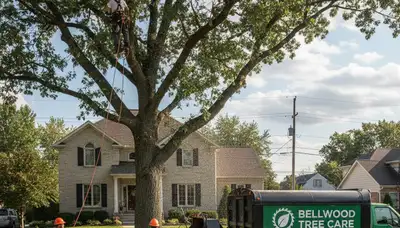 Professional tree removal service team in Oak Park IL safely cutting down large backyard tree
