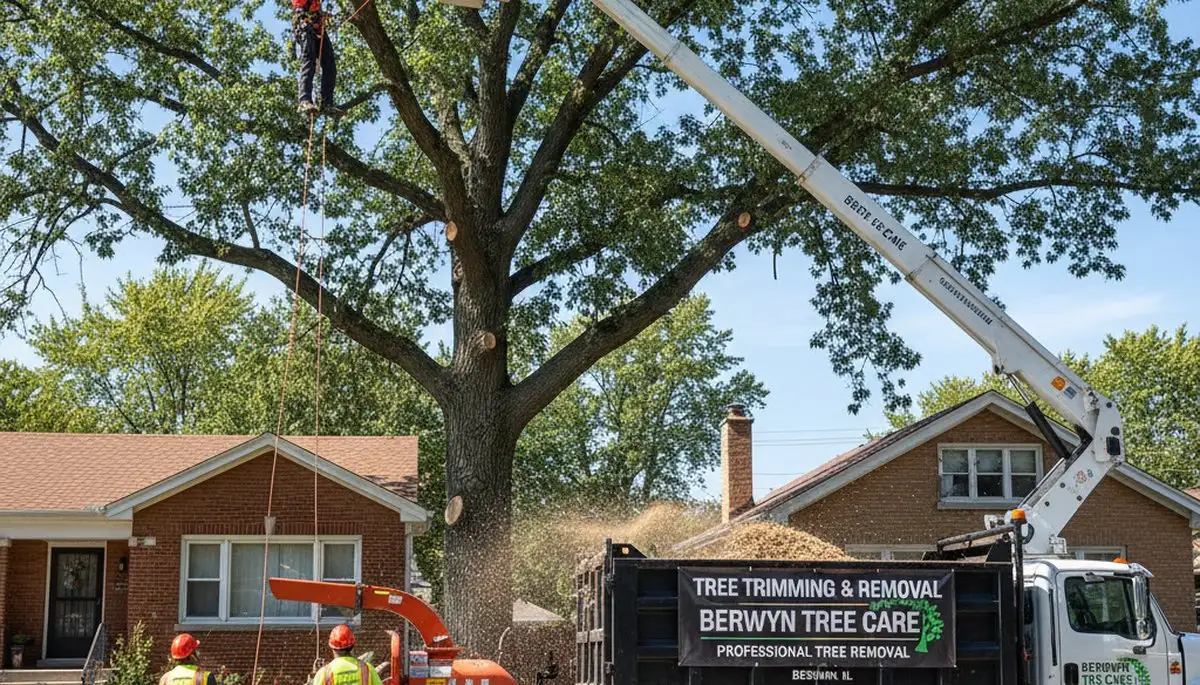 Professional tree removal service in Oak Park, IL safely clearing large trees from residential property