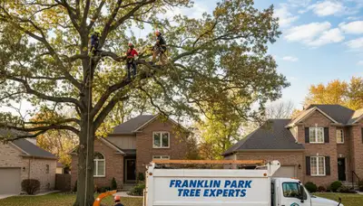 Professional tree removal service crew in Oak Park IL safely cutting down a large backyard tree