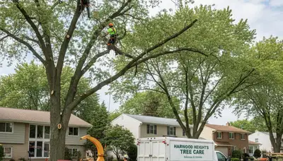 Professional tree removal service in Oak Park IL safely cutting and clearing large backyard trees