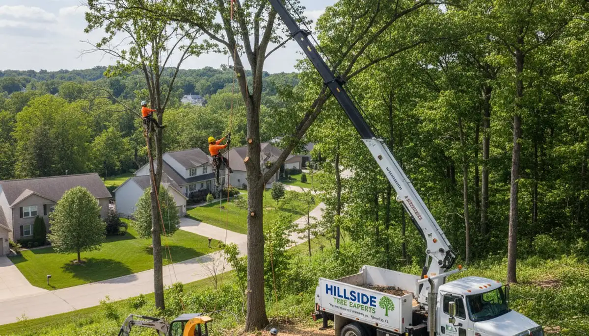 Professional tree removal service in Oak Park IL safely cutting tree near residential property