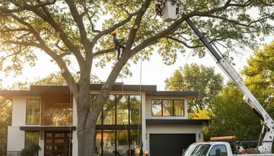 Arborist trimming tall oak tree branches in Oak Park, IL for Chop Chop Tree service