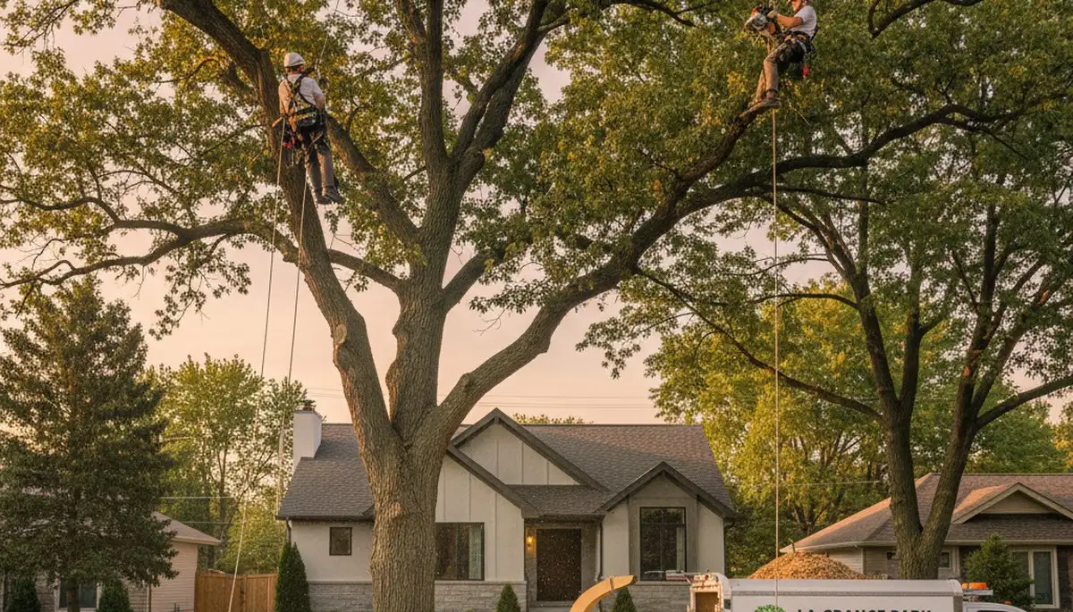Professional tree removal service in Oak Park IL safely cutting large tree near residential property