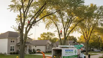 Professional tree removal service in Oak Park IL safely cutting and clearing large damaged tree