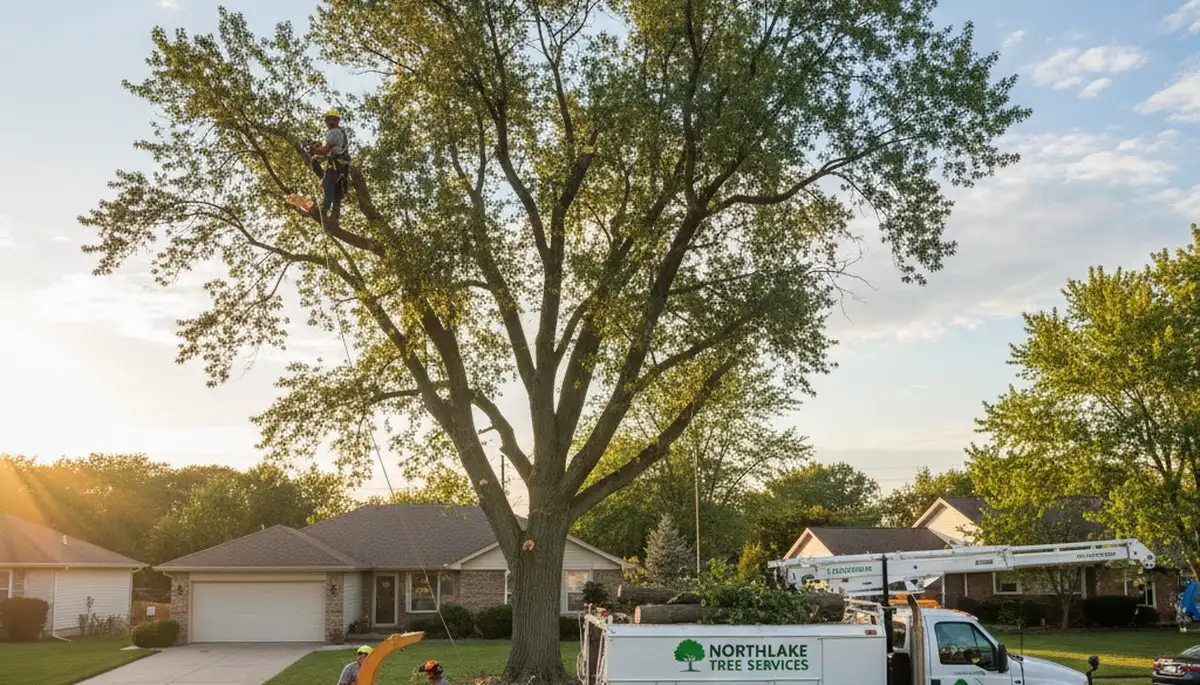 Professional tree removal service in Oak Park IL safely cutting down large backyard tree