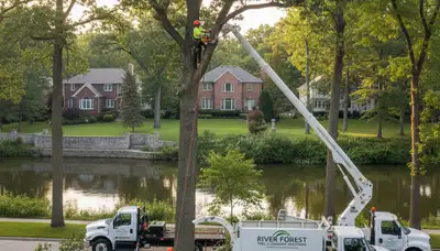 Professional tree removal service in Oak Park, IL safely cutting and clearing large residential tree