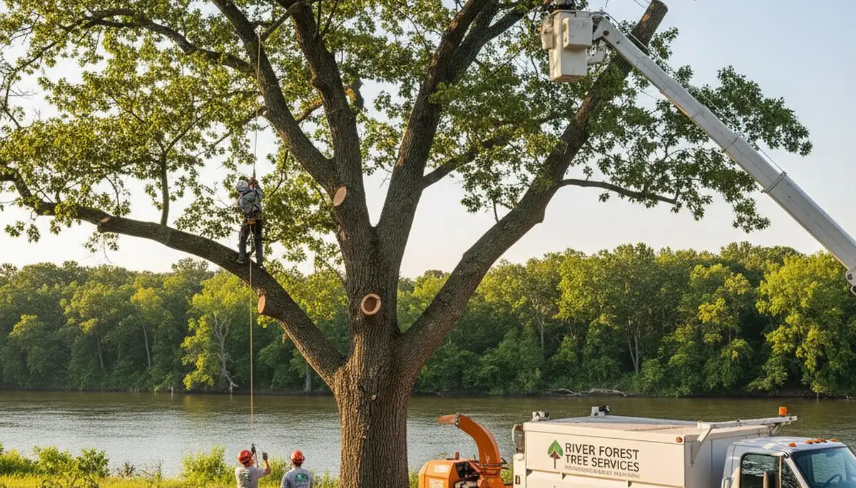 Professional tree removal service in Oak Park IL safely cutting down a large backyard tree