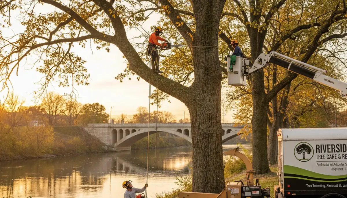 Professional tree removal service in Oak Park IL safely cutting and clearing large residential trees