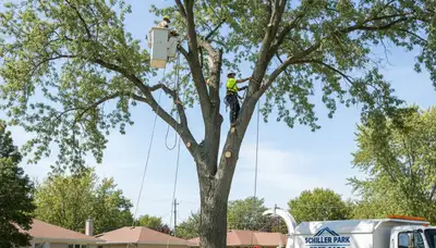 Professional tree removal service in Oak Park IL safely cutting and clearing large residential trees
